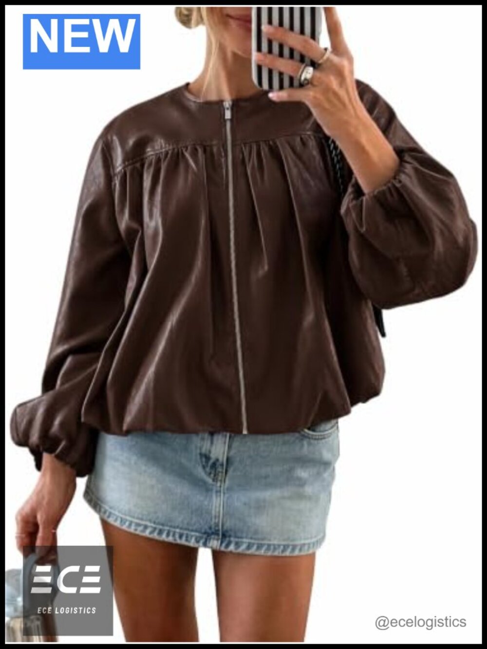 Faux Leather Zip Up Bomber Jacket Bubble Hem Cropped Coat